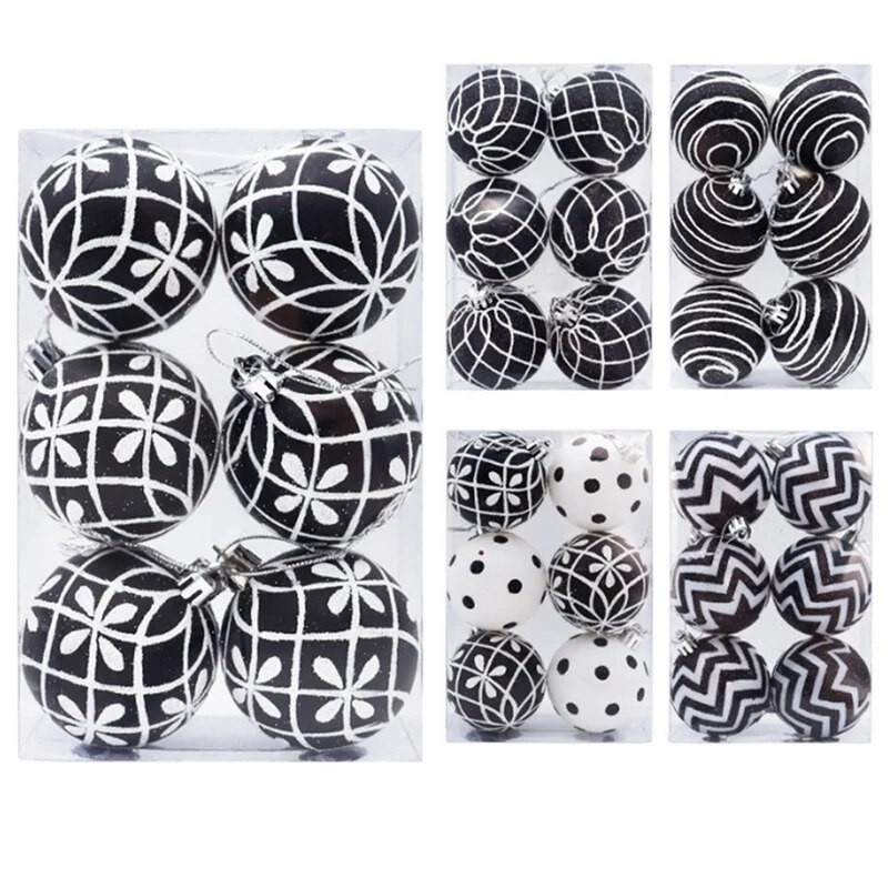 6 komada božićnih kuglica, privjesaka za drvce, ručno oslikanih 6 cm crno-bijelih visećih kuglica za božićno uređenje doma, zabave, praznika