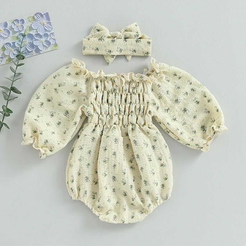 Jesenske štrample za novorođenčad, djevojčice, odjeća s trakom za glavu, ležerna odjeća za malu djecu, cvjetni print, elegantni kombinezoni s naborima i volanima