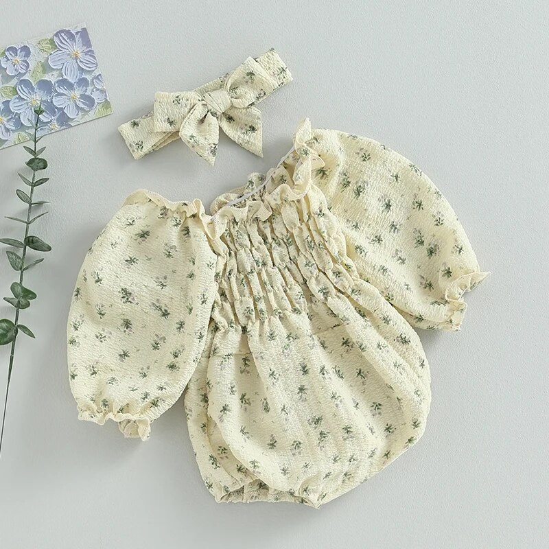 Jesenske štrample za novorođenčad, djevojčice, odjeća s trakom za glavu, ležerna odjeća za malu djecu, cvjetni print, elegantni kombinezoni s naborima i volanima