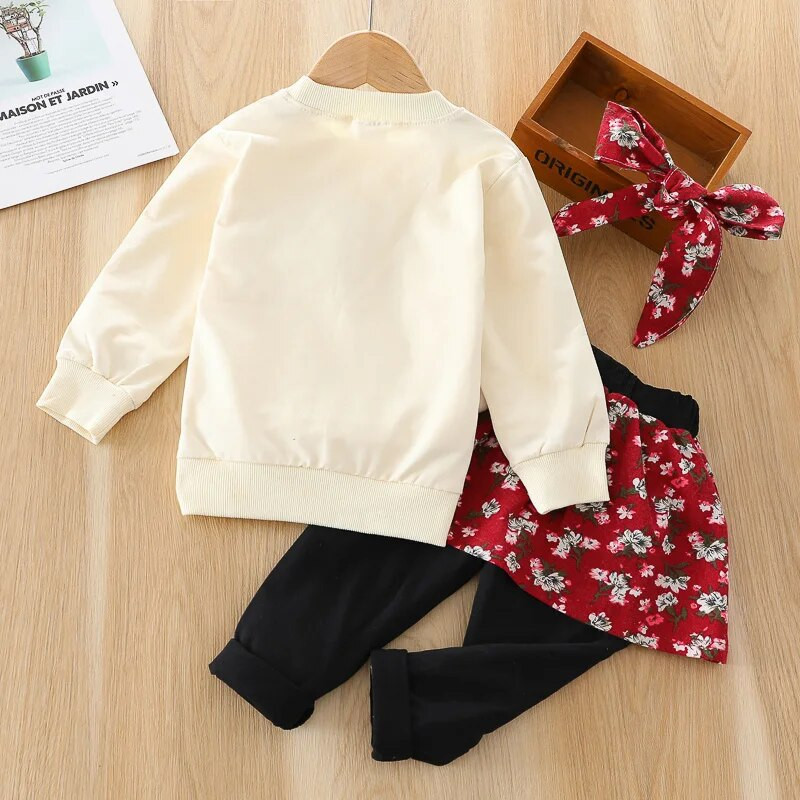 Mazuļu komplekts ar garām piedurknēm, meiteņu rudens karikatūra ar garām piedurknēm, truša apdruka, sadrumstalota ziedu svārku bikses divdaļīgs komplekts ar komplimentu