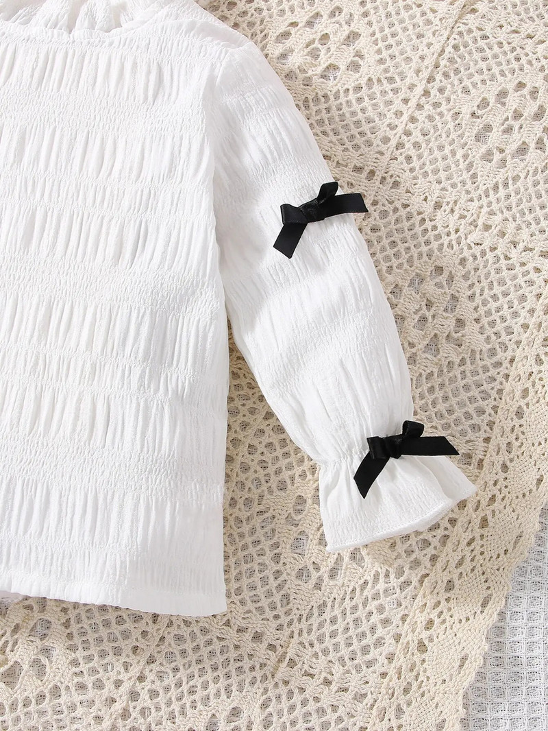 2-dijelna modna haljina za djevojčice za proljeće i jesen, slatka, udobna, bijela haljina s mašnom u stranom stilu, dugih rukava, crnih naramenica