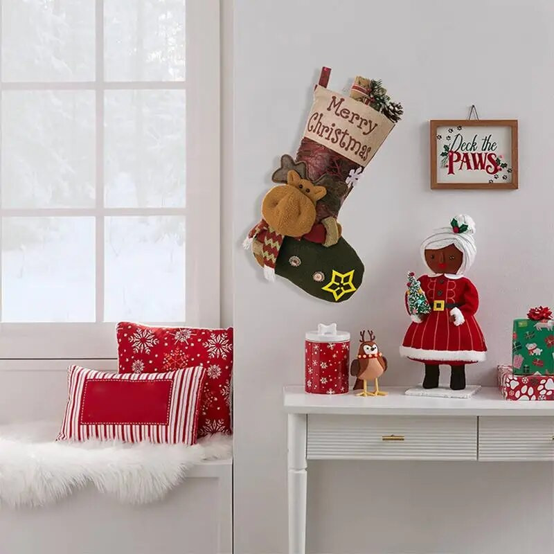 Ziemassvētku zeķes Lielas Ziemassvētku kārumu somas Filca svētku zeķes 18 collas sienas durvīm kāpnēm koks kamīna logam