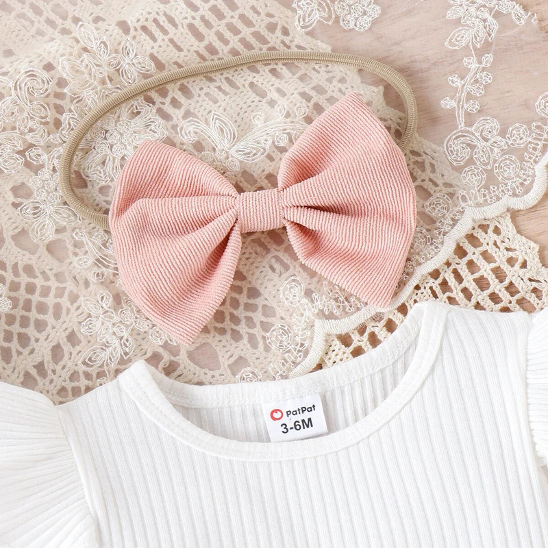 PatPat 3gab Baby Girl 95% kokvilnas rievoti volāni ar garām piedurknēm augšpusē un priekšgalā priekšējie svārki un galvas saišu komplekts pamata stila ērts