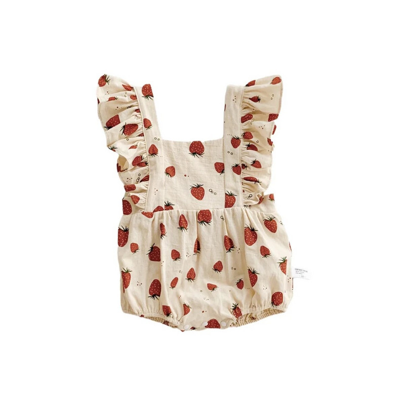 6630 Korejska odjeća za djevojčice Ljeto 2023. Nova modna jednodijelna odjeća za slatke djevojčice Kombinezoni letećih rukava s printom jagoda