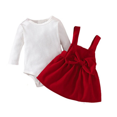 Kislány karácsonyi ruha szettek tavaszi ősz fehér body és piros masnis függőruha 2db újszülött lány ruhák