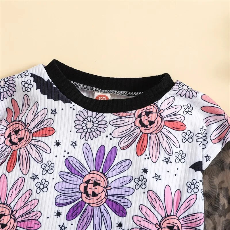 Dukserice za djevojčice Ženske hlače Odjeća za Noć vještica Print cvjetova bundeve Mrežasti kombinezoni dugih rukava Kontrastne boje Kombinezoni za igru