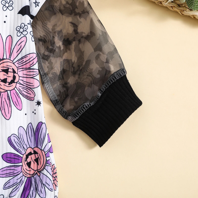 Dukserice za djevojčice Ženske hlače Odjeća za Noć vještica Print cvjetova bundeve Mrežasti kombinezoni dugih rukava Kontrastne boje Kombinezoni za igru