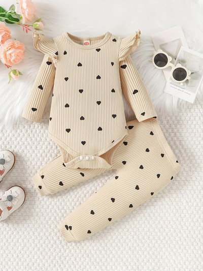 Kombinezon s volanima od 2 komada za novorođenčad, kombinezon s dugim rukavima i okruglim izrezom, komplet kombinezona i hlačica s elastičnim strukom za bebe