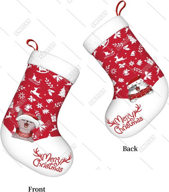 Коледни чорапи, коледни чорапи с котка Големи чорапи за семейни празници Коледно парти Декорации Кухня (червено)