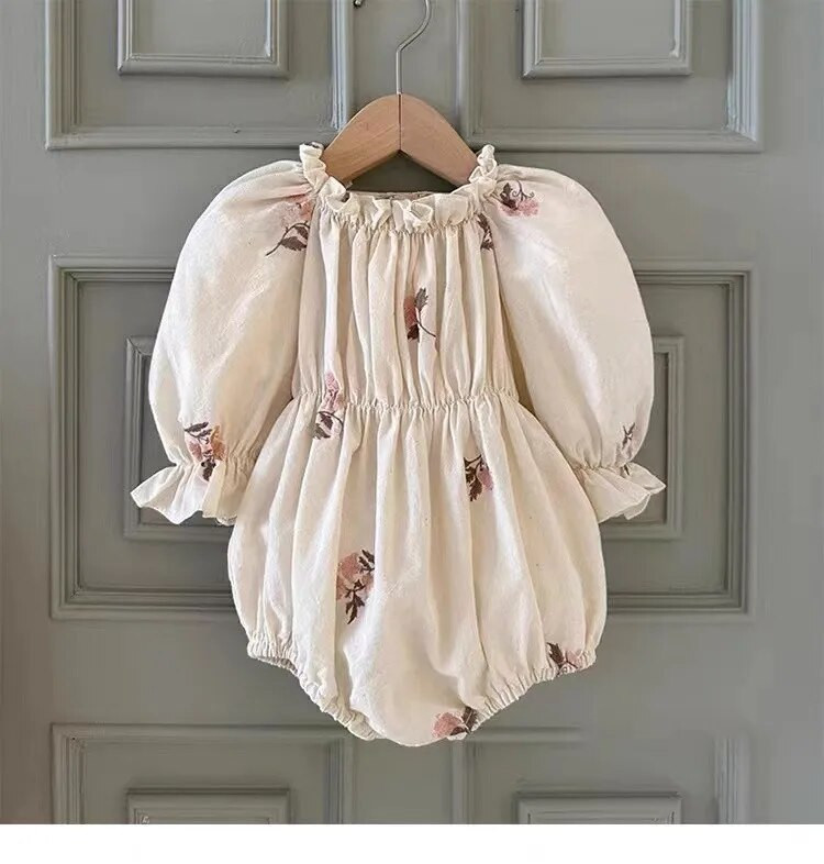 7702 Meiteņu bodijs 2023. gada rudens pavasaris, jauns retro izšuvums ar ziediem, meiteņu viengabala apģērbi Elastīgi kāpšanas apģērbi