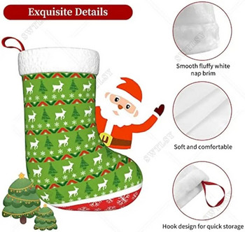 Коледни чорапи Празнични червени и зелени елени, дървета, снежинки Коледни чорапи за украса за коледно парти