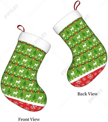 Коледни чорапи Празнични червени и зелени елени, дървета, снежинки Коледни чорапи за украса за коледно парти