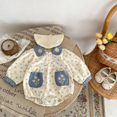 7771 Beebiriided 2023 Sügis, uued lillelised, kontrastsed revääritud tikandid Tüdrukute ühes tükis ronimisriided Printsessi ronimisriided