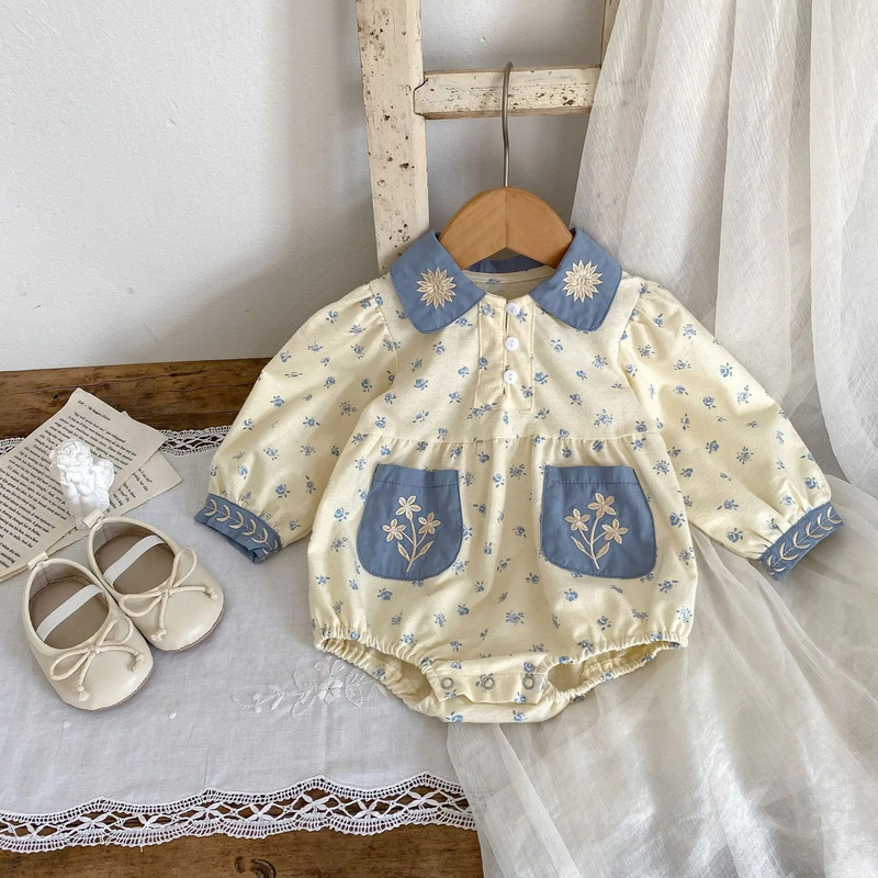 7771 Beebiriided 2023 Sügis, uued lillelised, kontrastsed revääritud tikandid Tüdrukute ühes tükis ronimisriided Printsessi ronimisriided