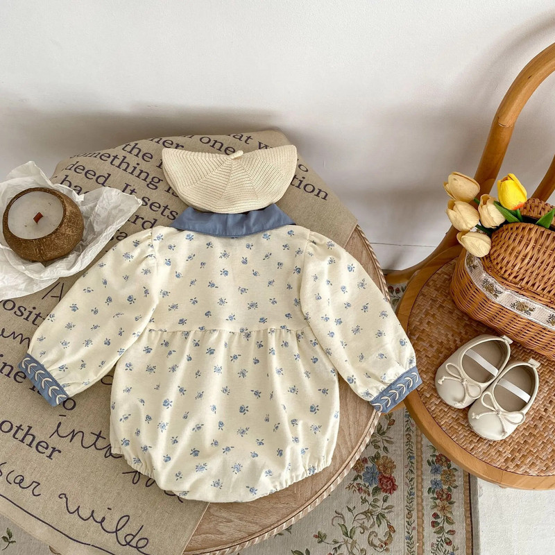 7771 Beebiriided 2023 Sügis, uued lillelised, kontrastsed revääritud tikandid Tüdrukute ühes tükis ronimisriided Printsessi ronimisriided