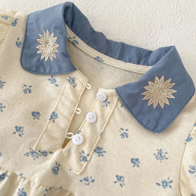 7771 Beebiriided 2023 Sügis, uued lillelised, kontrastsed revääritud tikandid Tüdrukute ühes tükis ronimisriided Printsessi ronimisriided