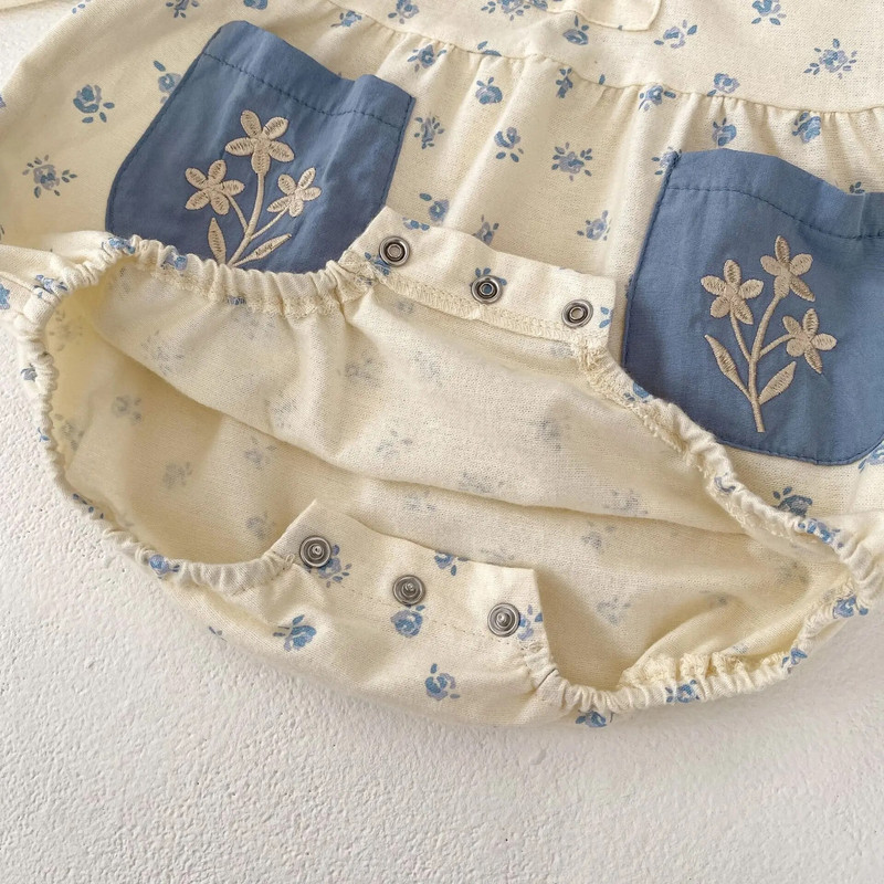 7771 Beebiriided 2023 Sügis, uued lillelised, kontrastsed revääritud tikandid Tüdrukute ühes tükis ronimisriided Printsessi ronimisriided