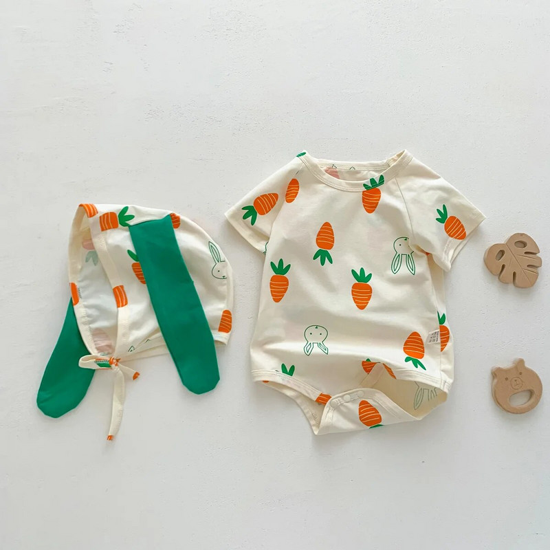 5748B Odjeća za novorođenčad Ljeto 2023. Hot Sale Jednodijelna odjeća za dječake Mali svježi print Odjeća za penjanje sa šeširom za slatke djevojčice