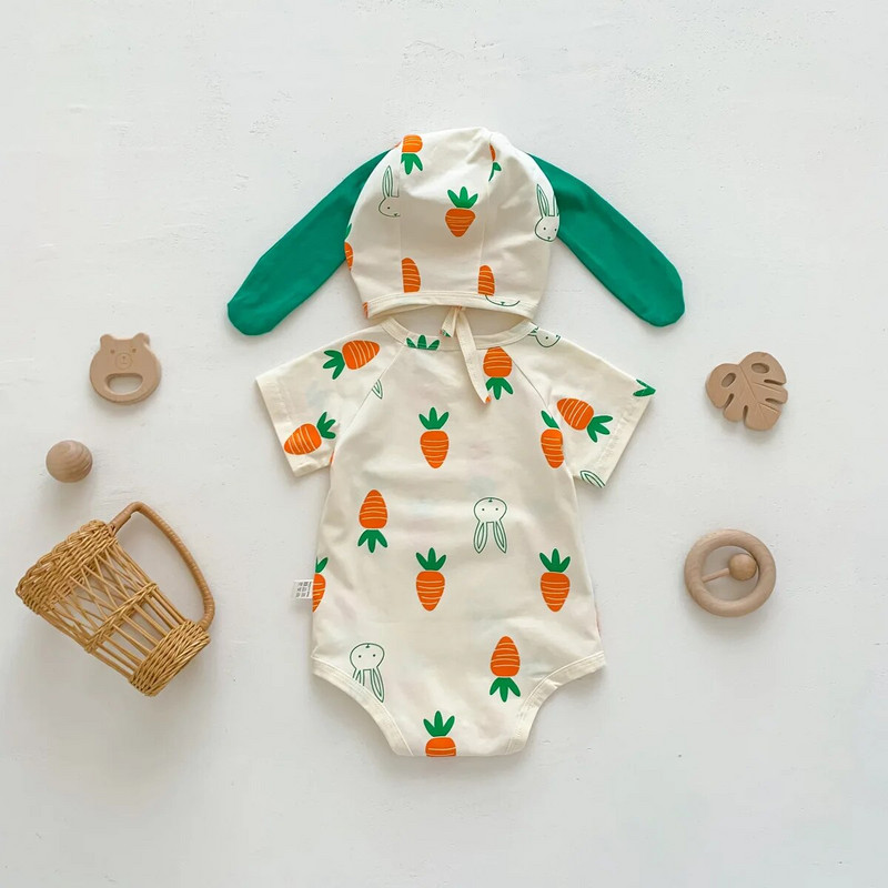 5748B Odjeća za novorođenčad Ljeto 2023. Hot Sale Jednodijelna odjeća za dječake Mali svježi print Odjeća za penjanje sa šeširom za slatke djevojčice