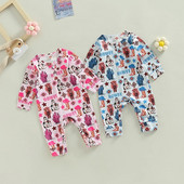 Modes Rudens Jaundzimušajiem Zēniem Zēniem Meiteņu bikses Apģērbs 0-18M Grafiska govs kaktusa apdruka ar garām piedurknēm, poga, bikses, kombinezoni