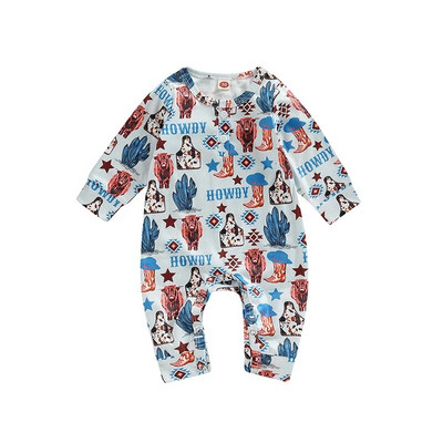 Modes Rudens Jaundzimušajiem Zēniem Zēniem Meiteņu bikses Apģērbs 0-18M Grafiska govs kaktusa apdruka ar garām piedurknēm, poga, bikses, kombinezoni