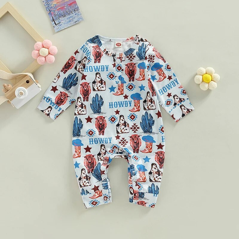 Modes Rudens Jaundzimušajiem Zēniem Zēniem Meiteņu bikses Apģērbs 0-18M Grafiska govs kaktusa apdruka ar garām piedurknēm, poga, bikses, kombinezoni