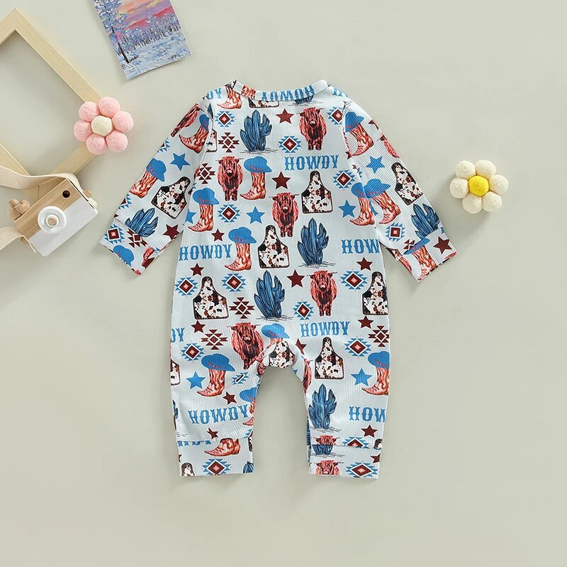 Modes Rudens Jaundzimušajiem Zēniem Zēniem Meiteņu bikses Apģērbs 0-18M Grafiska govs kaktusa apdruka ar garām piedurknēm, poga, bikses, kombinezoni