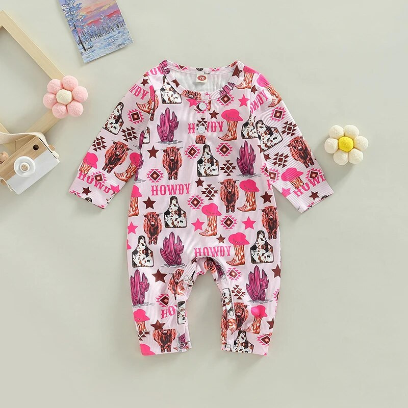 Modes Rudens Jaundzimušajiem Zēniem Zēniem Meiteņu bikses Apģērbs 0-18M Grafiska govs kaktusa apdruka ar garām piedurknēm, poga, bikses, kombinezoni