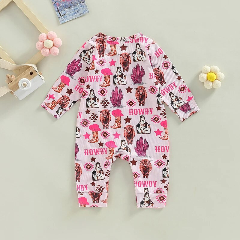 Modes Rudens Jaundzimušajiem Zēniem Zēniem Meiteņu bikses Apģērbs 0-18M Grafiska govs kaktusa apdruka ar garām piedurknēm, poga, bikses, kombinezoni