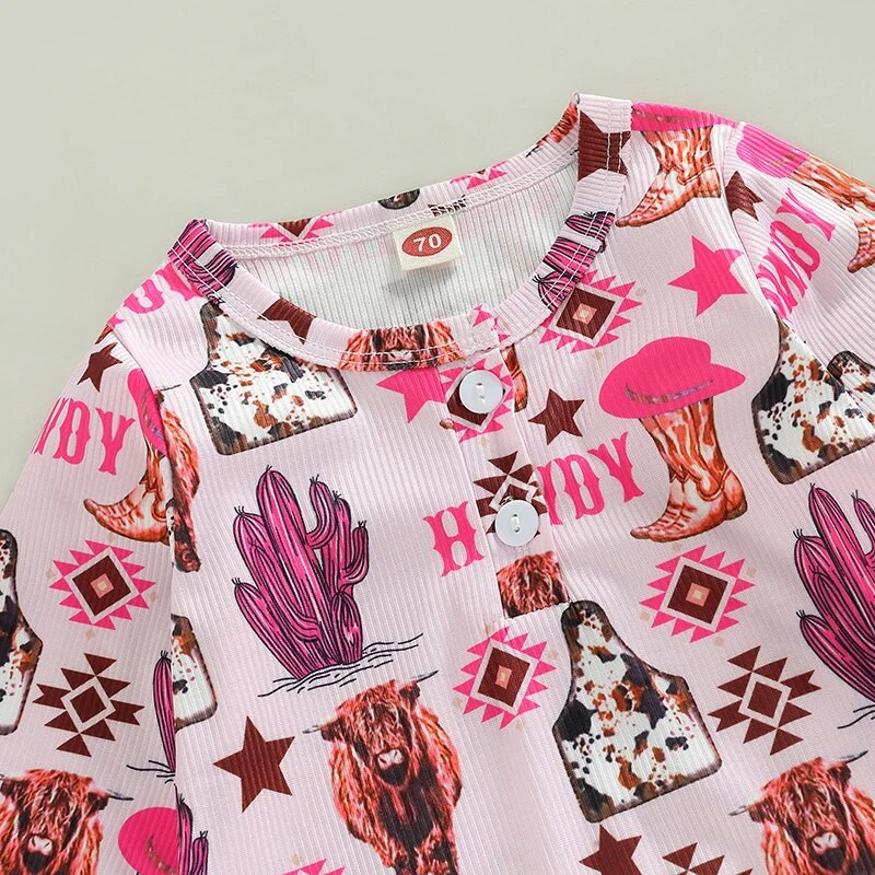 Modes Rudens Jaundzimušajiem Zēniem Zēniem Meiteņu bikses Apģērbs 0-18M Grafiska govs kaktusa apdruka ar garām piedurknēm, poga, bikses, kombinezoni