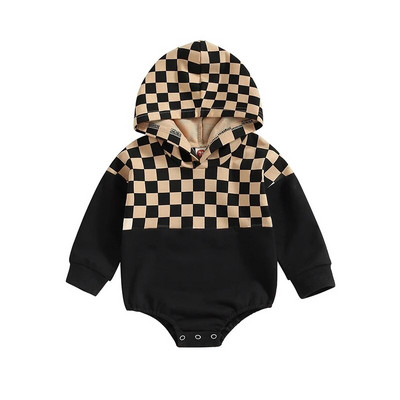 Vintage zīdaiņu zēni meitenes rudens kombinezoni ar kapuci Apģērbi zīdaiņiem ar garām piedurknēm šaha galdiņa apdruka Džemperi džemperi kombinezoni