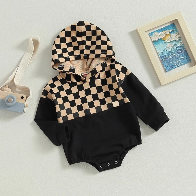 Vintage zīdaiņu zēni meitenes rudens kombinezoni ar kapuci Apģērbi zīdaiņiem ar garām piedurknēm šaha galdiņa apdruka Džemperi džemperi kombinezoni
