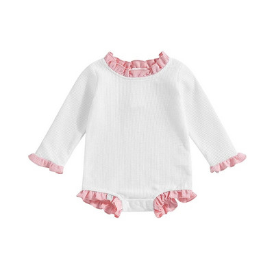 Pavasara rudens Jaundzimušo meiteņu apģērbi, volāni, garām piedurknēm, o-veida kakla vafeļu rombiņi, kombinezoni, mazi bērni, mīkstas drēbes