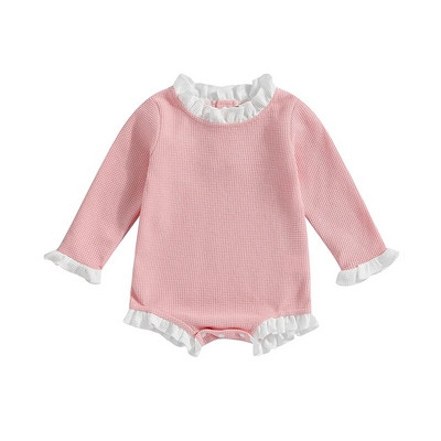 Pavasara rudens Jaundzimušo meiteņu apģērbi, volāni, garām piedurknēm, o-veida kakla vafeļu rombiņi, kombinezoni, mazi bērni, mīkstas drēbes