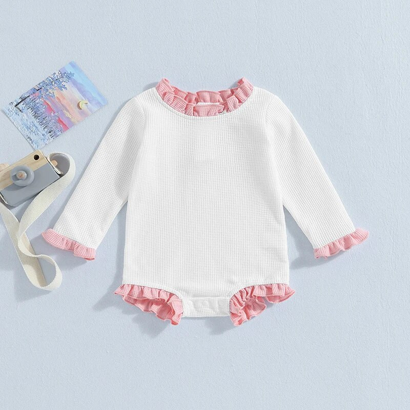 Pavasara rudens Jaundzimušo meiteņu apģērbi, volāni, garām piedurknēm, o-veida kakla vafeļu rombiņi, kombinezoni, mazi bērni, mīkstas drēbes