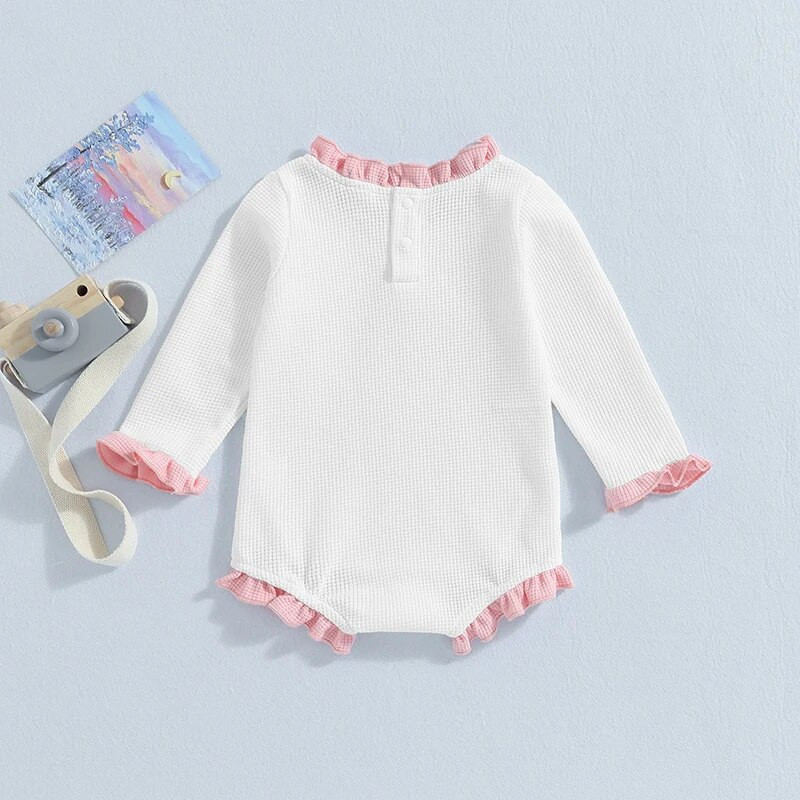 Pavasara rudens Jaundzimušo meiteņu apģērbi, volāni, garām piedurknēm, o-veida kakla vafeļu rombiņi, kombinezoni, mazi bērni, mīkstas drēbes