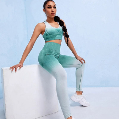 Bezšuvju Jogas Komplekts Gradients Sporta Komplekts Sieviešu vingrošanas Apģērbs Treniņam Fitnesa Legingi Sporta Krūšturis Crop Top Augsta vidukļa legingi Vingrošanas uzvalki