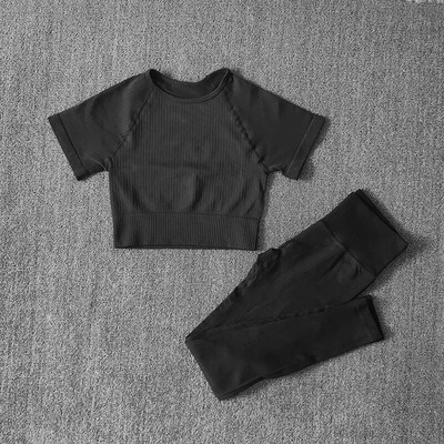 Bezšuvju jogas kostīmi sievietēm Crop Top krekli ar īsām piedurknēm Sporta bikses Sporta zāle Legingi Sporta apģērbs Treniņam Aktīvs komplekts Fitnesa Apģērbi