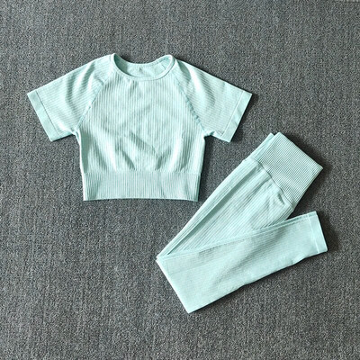 Bezšuvju jogas kostīmi sievietēm Crop Top krekli ar īsām piedurknēm Sporta bikses Sporta zāle Legingi Sporta apģērbs Treniņam Aktīvs komplekts Fitnesa Apģērbi