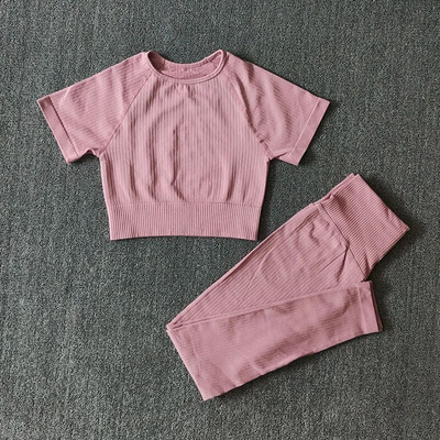 Bezšuvju jogas kostīmi sievietēm Crop Top krekli ar īsām piedurknēm Sporta bikses Sporta zāle Legingi Sporta apģērbs Treniņam Aktīvs komplekts Fitnesa Apģērbi