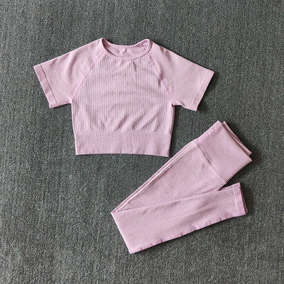 Bezšuvju jogas kostīmi sievietēm Crop Top krekli ar īsām piedurknēm Sporta bikses Sporta zāle Legingi Sporta apģērbs Treniņam Aktīvs komplekts Fitnesa Apģērbi