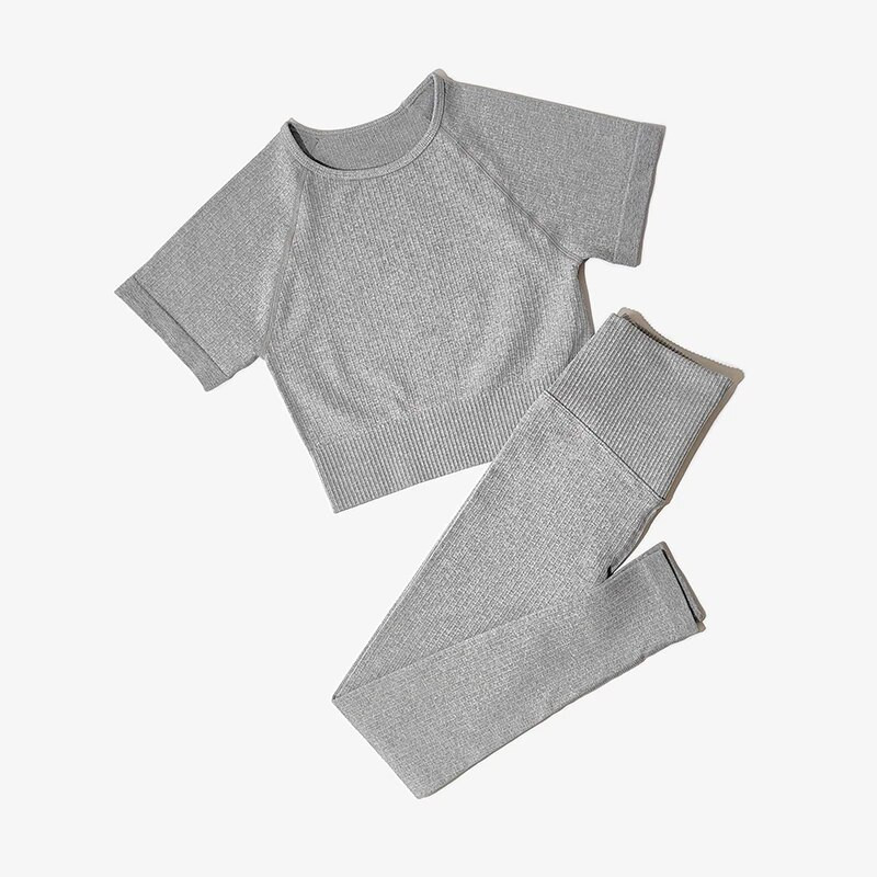 Bezšuvju jogas kostīmi sievietēm Crop Top krekli ar īsām piedurknēm Sporta bikses Sporta zāle Legingi Sporta apģērbs Treniņam Aktīvs komplekts Fitnesa Apģērbi