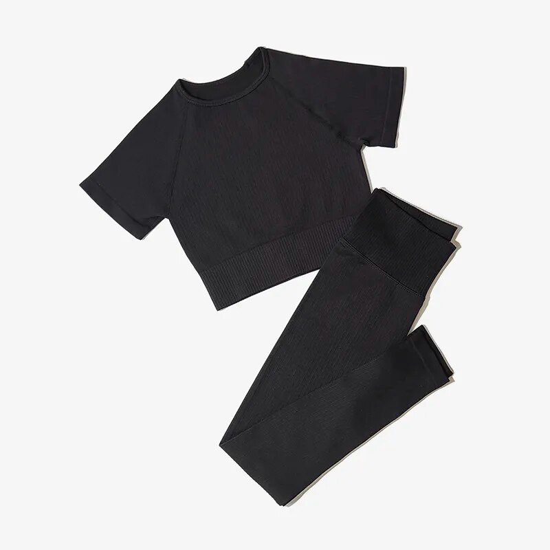 Bezšuvju jogas kostīmi sievietēm Crop Top krekli ar īsām piedurknēm Sporta bikses Sporta zāle Legingi Sporta apģērbs Treniņam Aktīvs komplekts Fitnesa Apģērbi