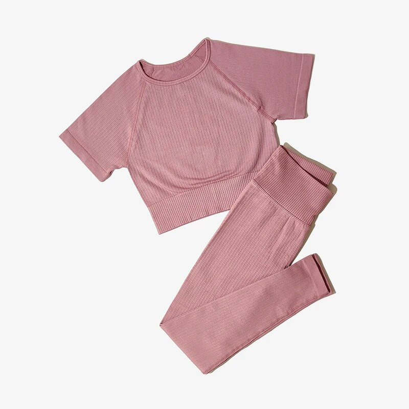 Bezšuvju jogas kostīmi sievietēm Crop Top krekli ar īsām piedurknēm Sporta bikses Sporta zāle Legingi Sporta apģērbs Treniņam Aktīvs komplekts Fitnesa Apģērbi