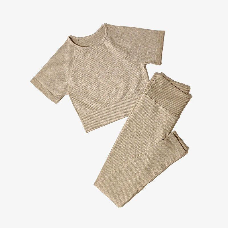 Bezšuvju jogas kostīmi sievietēm Crop Top krekli ar īsām piedurknēm Sporta bikses Sporta zāle Legingi Sporta apģērbs Treniņam Aktīvs komplekts Fitnesa Apģērbi