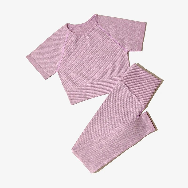 Bezšuvju jogas kostīmi sievietēm Crop Top krekli ar īsām piedurknēm Sporta bikses Sporta zāle Legingi Sporta apģērbs Treniņam Aktīvs komplekts Fitnesa Apģērbi