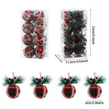 8 τμχ Κόκκινο πράσινο καρό σχέδιο Χριστουγεννιάτικες μπάλες με κουκουνάρι μάλλινη διακόσμηση Κρεμαστές μπάλες Ρουστίκ στολίδια χριστουγεννιάτικων δέντρων