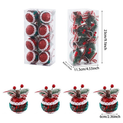 8Gb Sarkana, zaļa rūtainu raksta Ziemassvētku bumbiņas ar priežu čiekuru vilnas dekoru piekarināmas bumbiņas Zemniecisks Ziemassvētku eglīšu rotājumu kulons