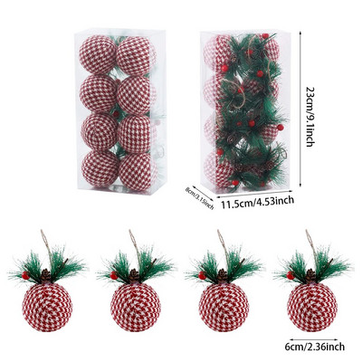 8Gb Sarkana, zaļa rūtainu raksta Ziemassvētku bumbiņas ar priežu čiekuru vilnas dekoru piekarināmas bumbiņas Zemniecisks Ziemassvētku eglīšu rotājumu kulons