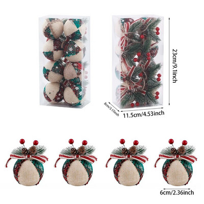 8Gb Sarkana, zaļa rūtainu raksta Ziemassvētku bumbiņas ar priežu čiekuru vilnas dekoru piekarināmas bumbiņas Zemniecisks Ziemassvētku eglīšu rotājumu kulons